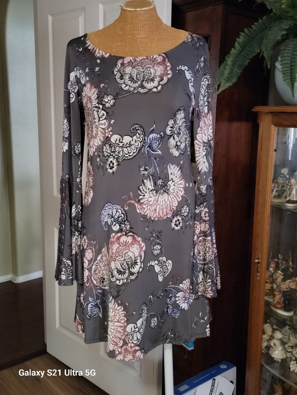 Ariella Charcoal Floral Bell-Sleeve Midi Dress